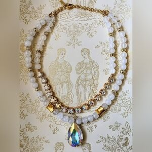 Natural White Jade & Selenite With Swarovski Crystal AB Two Strand Bead Necklace